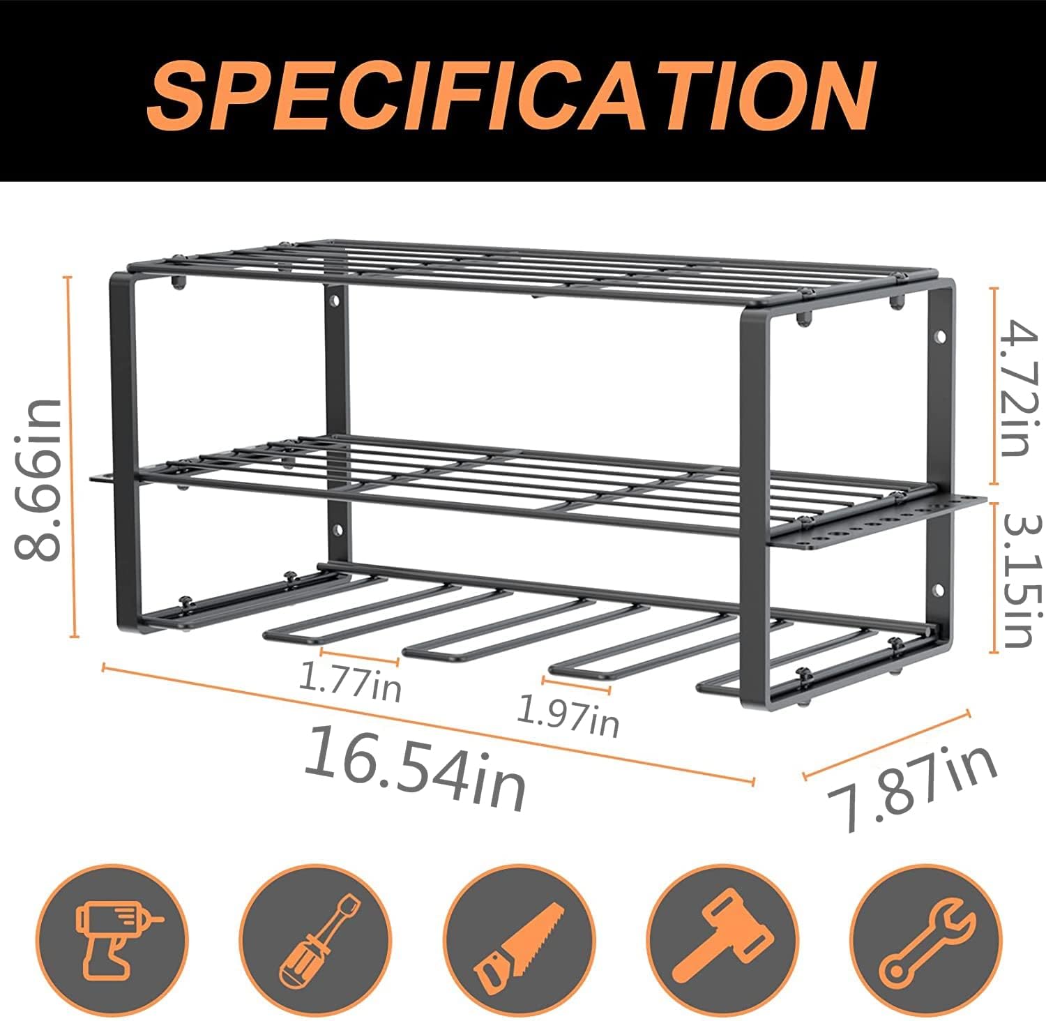 Power Tool Organizer, Garage Tool Organizers and Storage, Drill Holder Wall Mount, Heavy Duty Metal Tool Shelf, Utility Storage Rack for Cordless Drill, Removable Design, Perfect for Father's Day