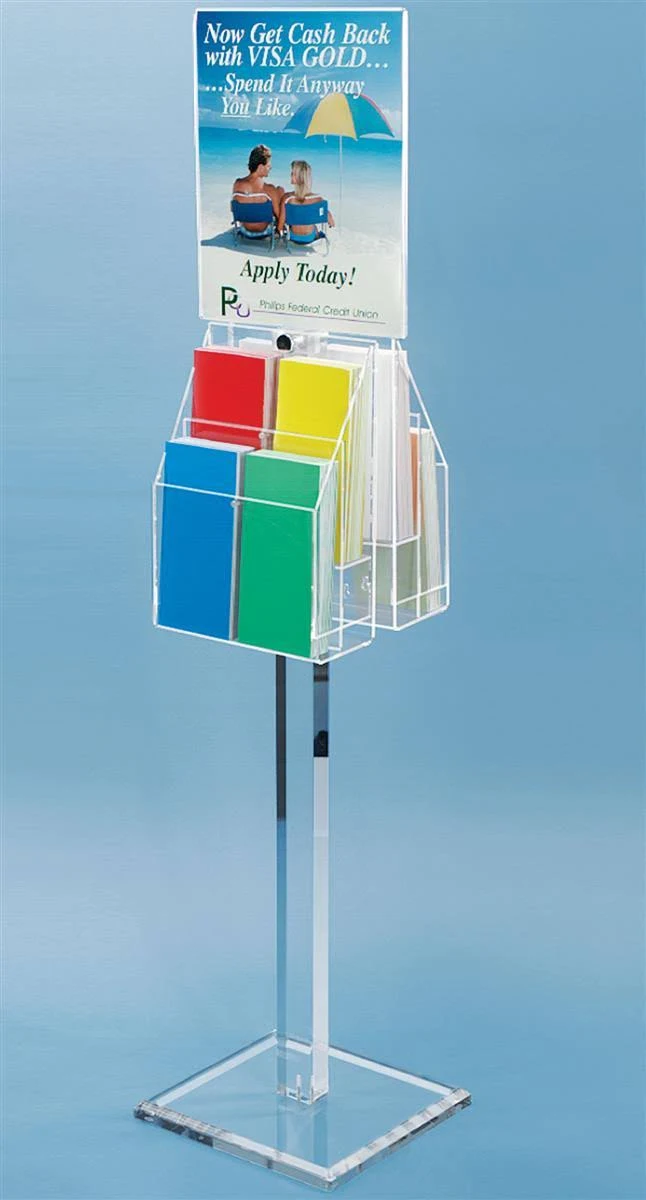 FLOOR-STANDING Literature Rack with Adjustable Pockets, Double-Sided, Brochure Stand Includes 11x14 Sign Holder (stk1114/8), Cle