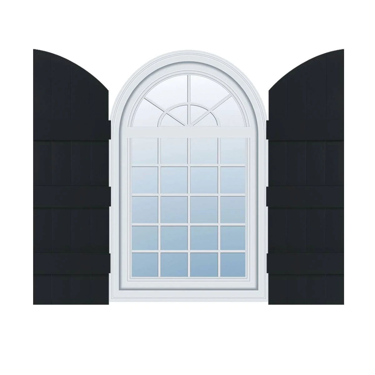 Ekena Millwork 14 in. x 88 in. Lifetime Vinyl Custom Four Board Joined w/ Archtop Board and Batten Shutters Pair Black