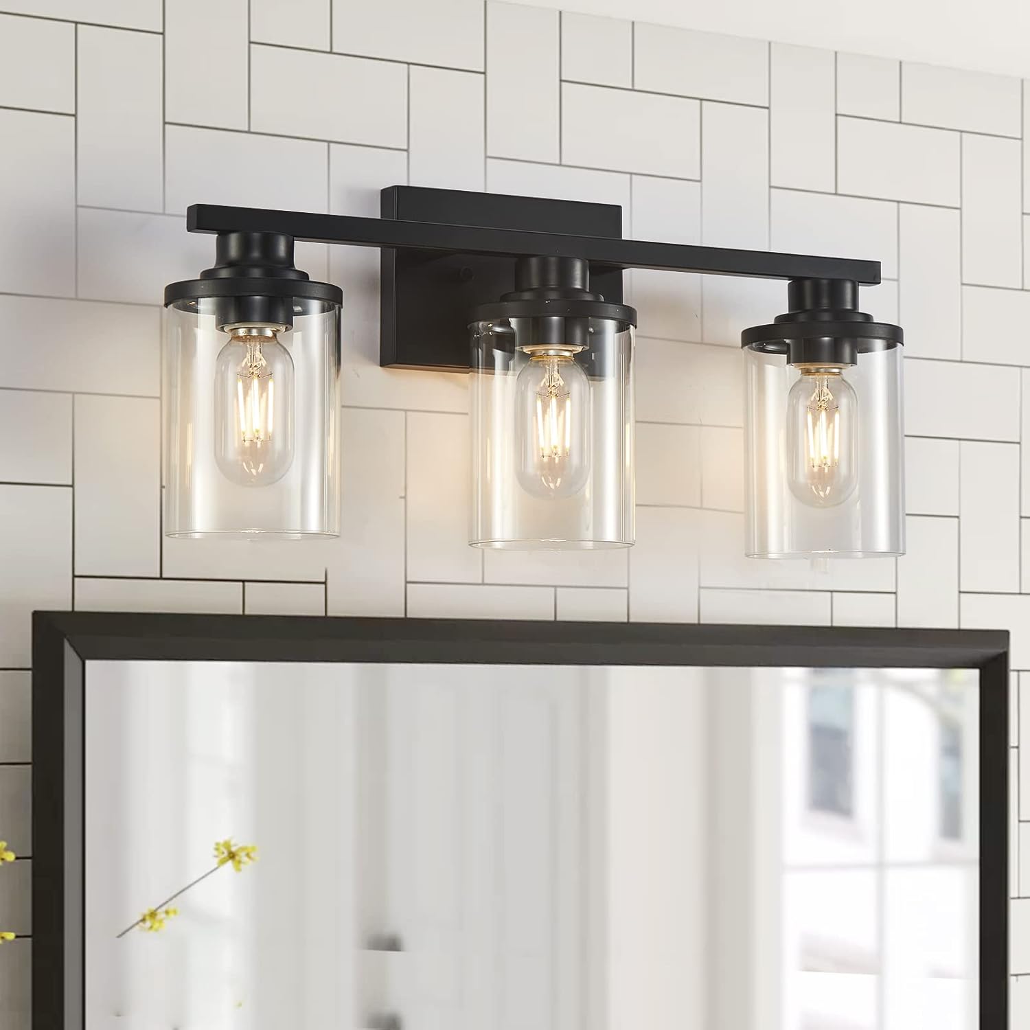 3 Light Black Bathroom Vanity Light, Modern Bathroom Light Fixtures with Clear Glass Shade, Vanity Lights for Bathroom Above Mirror Sconces Wall Lighting for Bathroom, Vanity Table