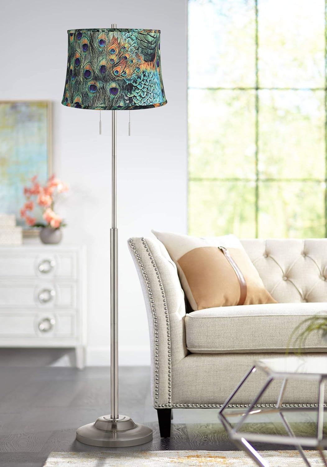 Abba Modern Floor Lamp Brushed Nickel Peacock Print Drum Shade for Living Room Reading Bedroom Office - 360 Lighting