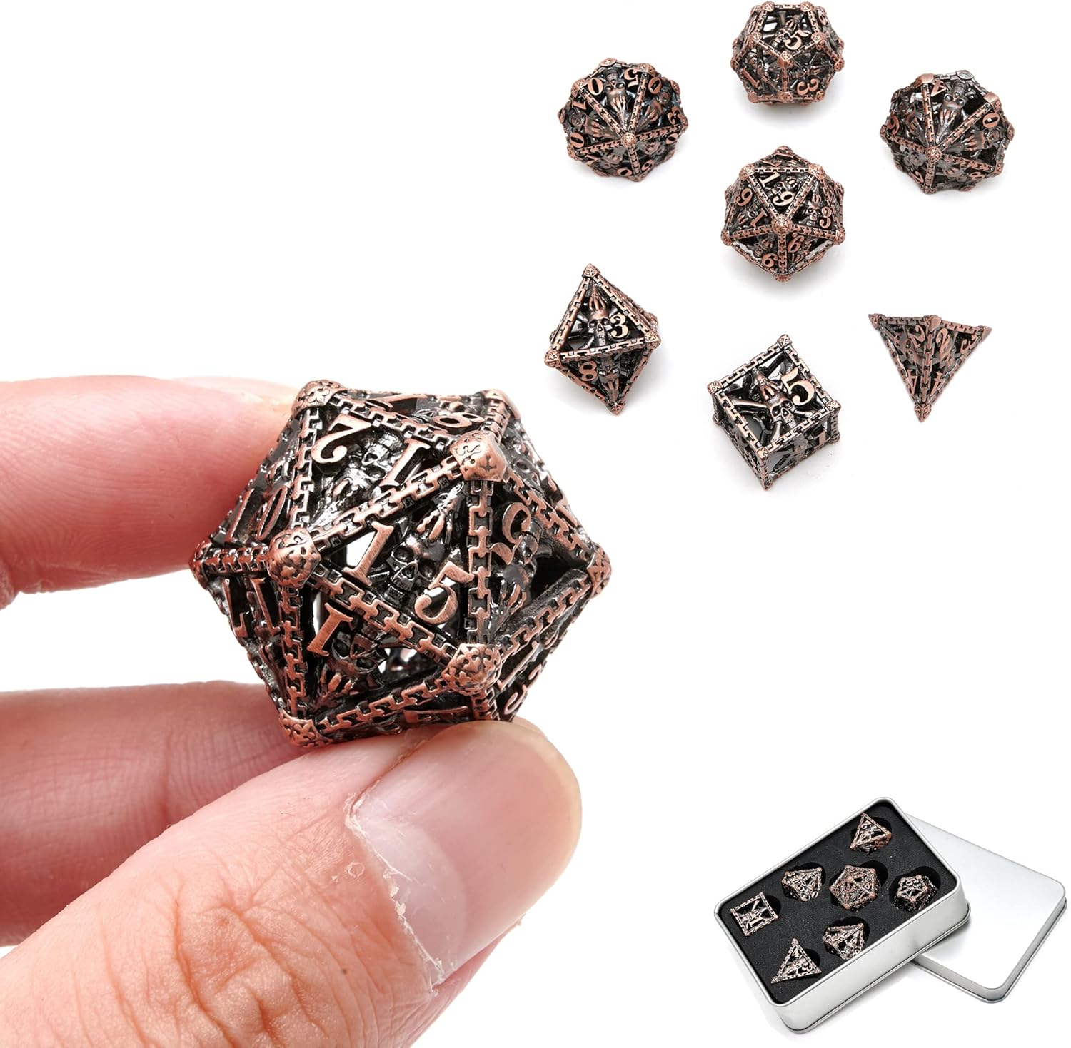 DND Metal Dice Set 7 Pieces Pure Copper Hollow Polyhedral Dice+Gift Box for D&D Game RPG Explorers Savage World and Table Games Dungeons and Dragons Role Playing Games Pack of 2
