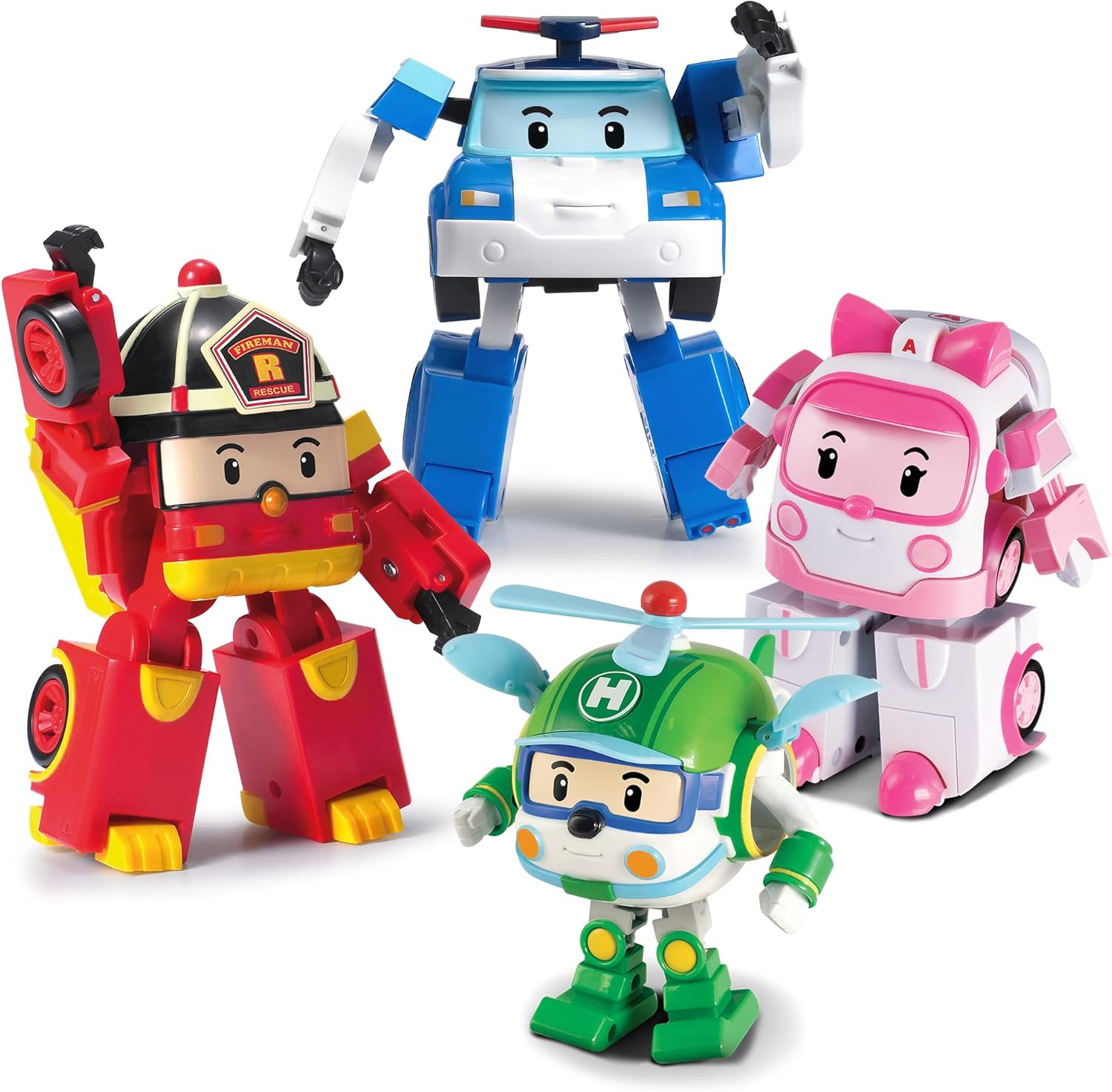 [4 Pack] Robocar Poli Poli + Amber + Roy + Helly Transforming Robot, 4