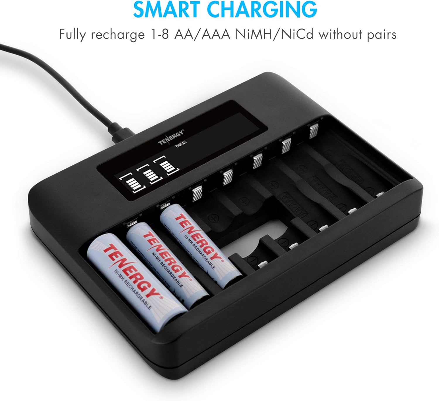 Tenergy TN480U 8-Bay LCD Display Fast Charger for NiMH/NiCD AA AAA Rechargeable Batteries with Mirco USB and USB Type C Input for AA and AAA Rechargeable Batteries Pack of 2