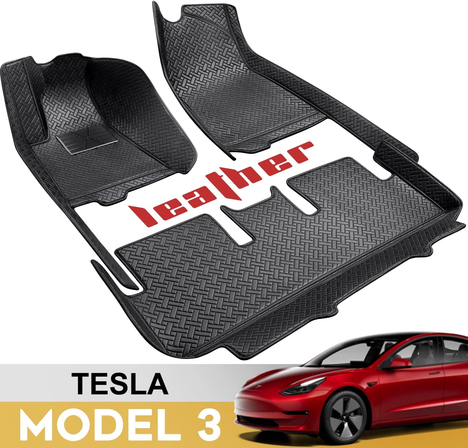 Castlerock Leather Floor Mats for Tesla Model 3 Custom Fit 2017-2022 Luxury Car Floor Liner ,Waterproof(1st & 2nd Row Black)