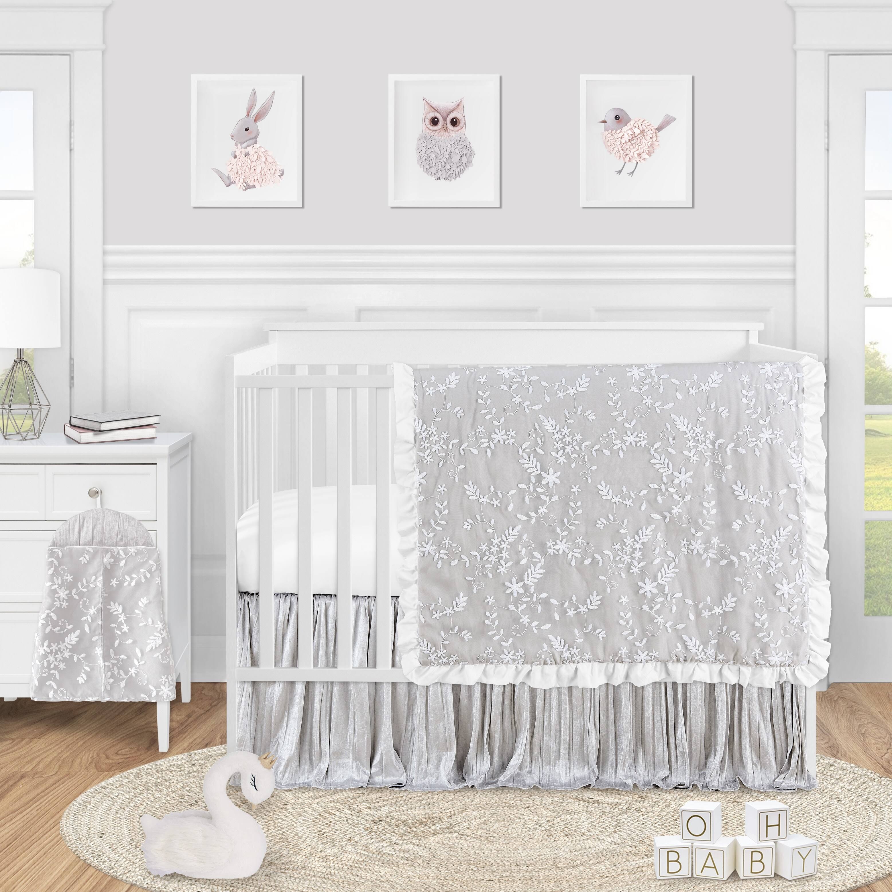 Sweet Jojo Designs Grey Floral Vintage Lace Baby Girl Nursery Crib Bedding Set - 4 Pieces - Solid Light Gray Crinkle Crushed Vel
