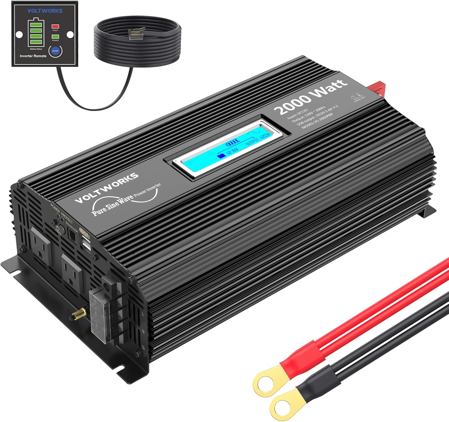 Pure Sine Wave 2000Watt Car Power Inverter Converter DC 12V to 120V AC with 2 AC Outlets 2x2.4A USB Ports 1 AC Terminal Block Remote Control and LCD Display[3 Years Warranty] by VOLTWORKS