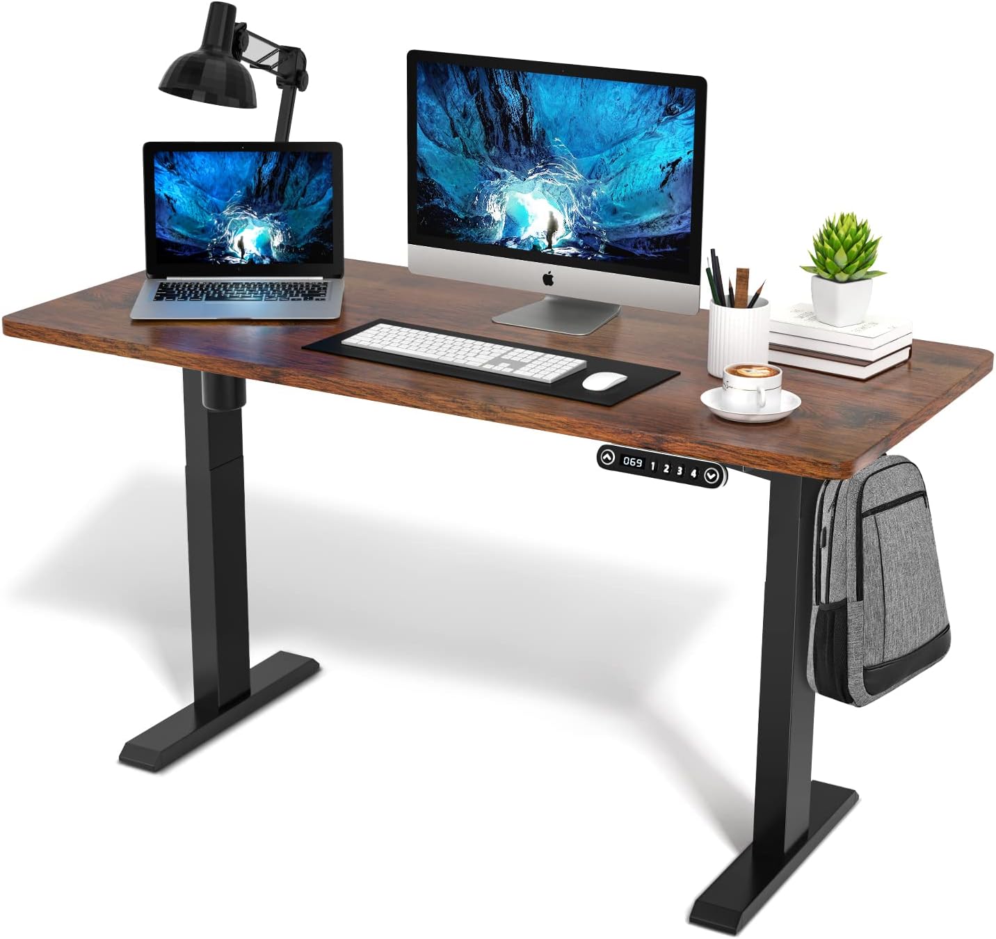 Height Adjustable Electric Standing Desk, 48 x 24 Inches Stand up Table, Sit Stand Home Office Desk, Memory Function, Black Frame/Brown Top