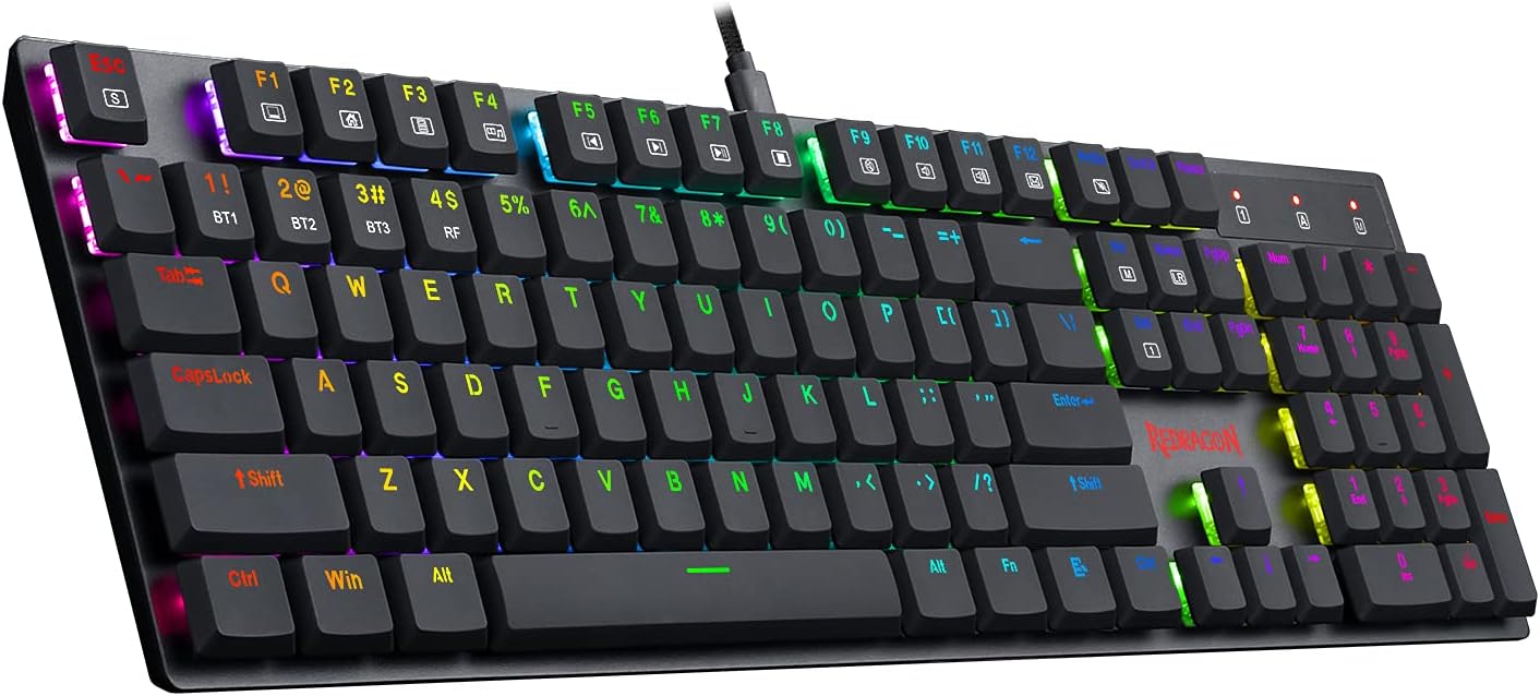 Redragon K535 Wireless, Bluetooth Mechanical Gaming Keyboard, RGB Backlit with Low Profile Blue Switches for Windows Gaming PC