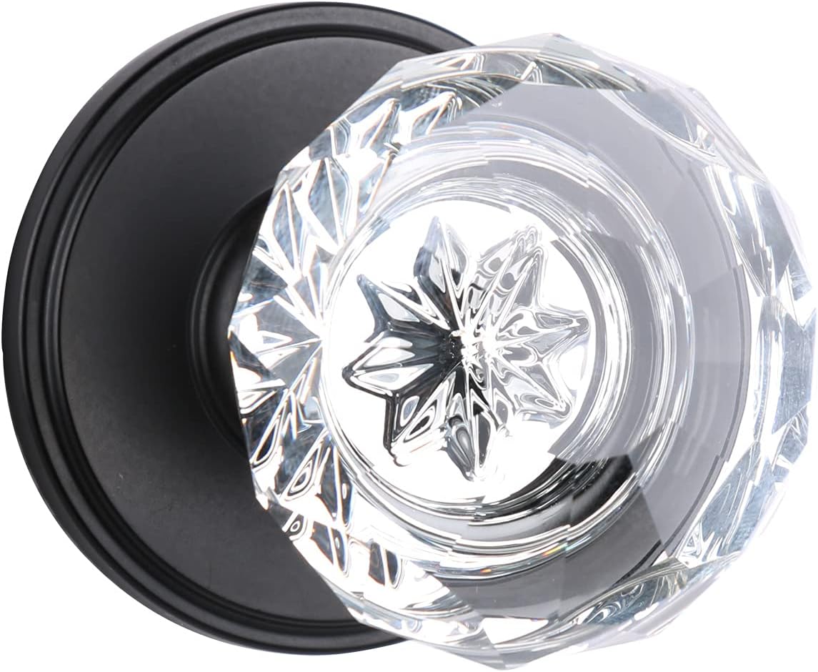 Crystal Door Knobs with Lock Round Handles, Glass Door Knobs Interior with Lock (Matte Black, Privacy) (Matte Black, Passage)