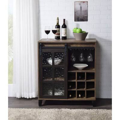 A Wine Cabinet Is Covered by Obscure Glass with Rustic Oak and Black Finish Red Barrel Studio