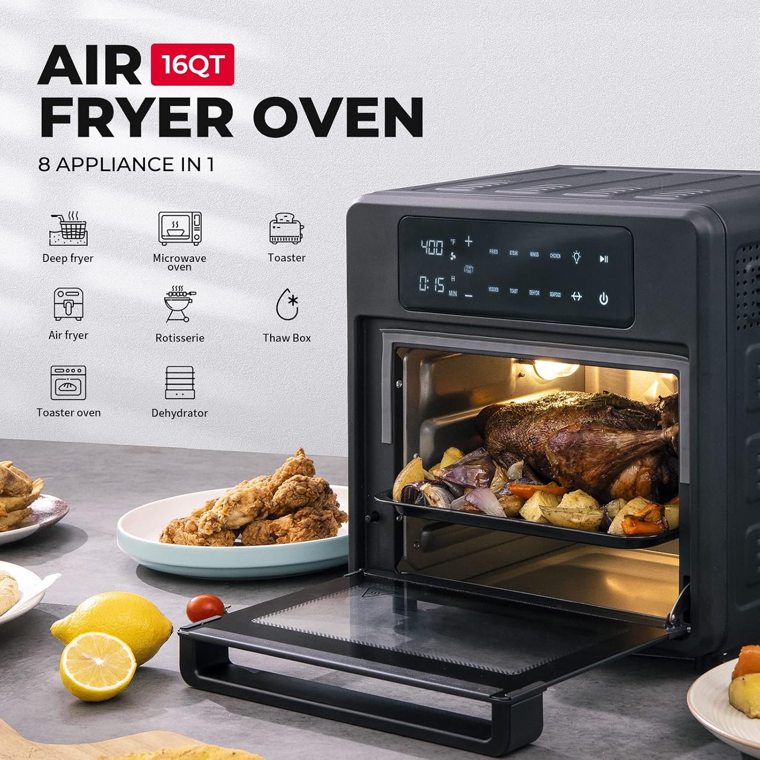 Toaster Oven Air Fryer Combo, BLAZANT 16QT Air Fryer Oven with Shake Reminder, 8-in-1 AirFryer Oven with Rotisserie and Dehydrator, Extra Large Capacity, LED Touch Screen, Cookbook & 7 Accessories