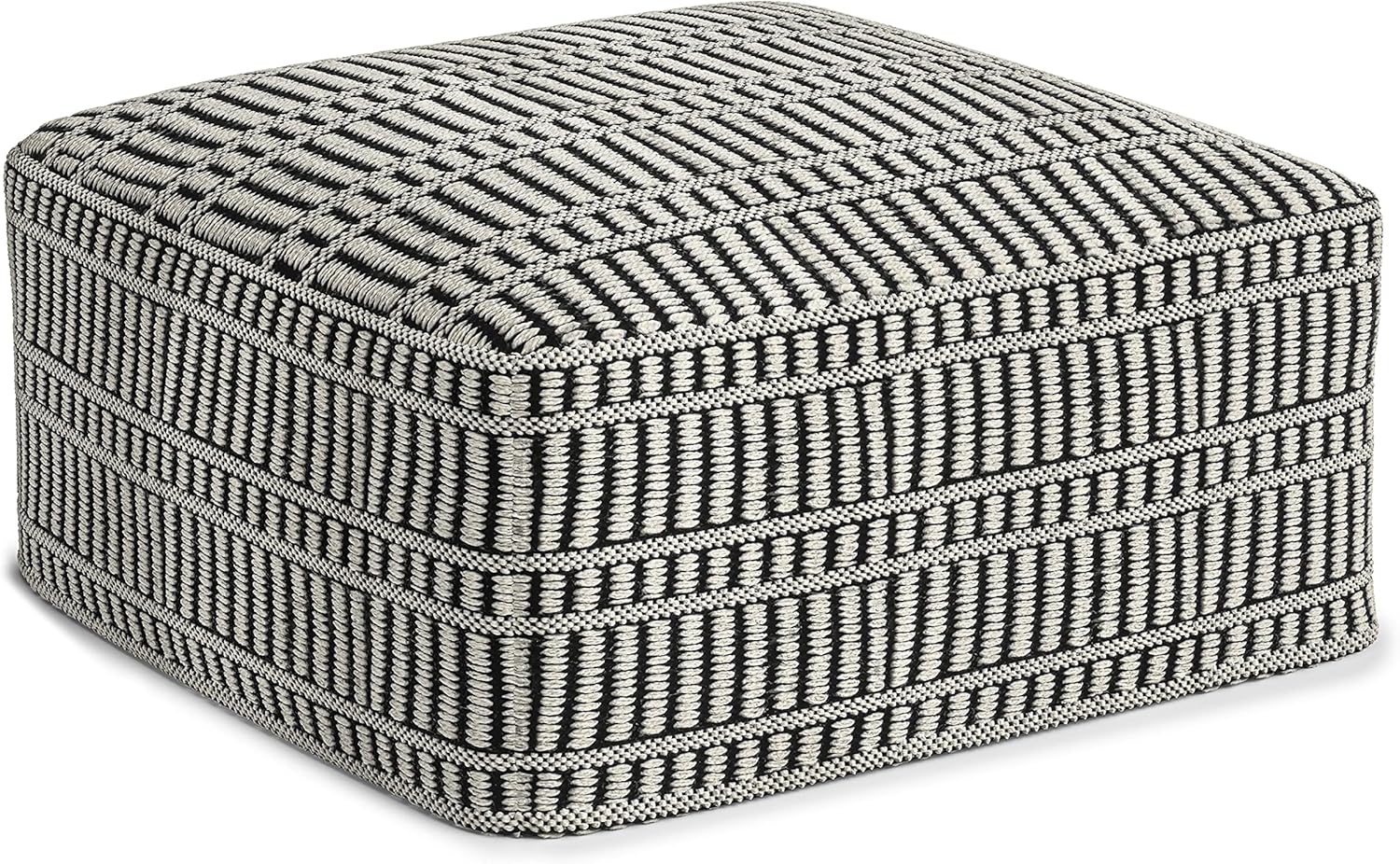 SIMPLIHOME Safford Boho Square Woven Pouf in Black and White Recycled PET Polyester for the Living Room, Family Room, Bedroom and Kids Room