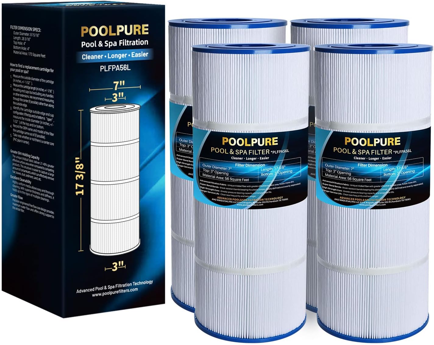 POOLPURE Pool Filter Replaces PA56L, PA56L-PAK4, Unicel C-7456, Hayward CX481-XRE, CX481-XRE, SwimClear C2030, 4 PACK