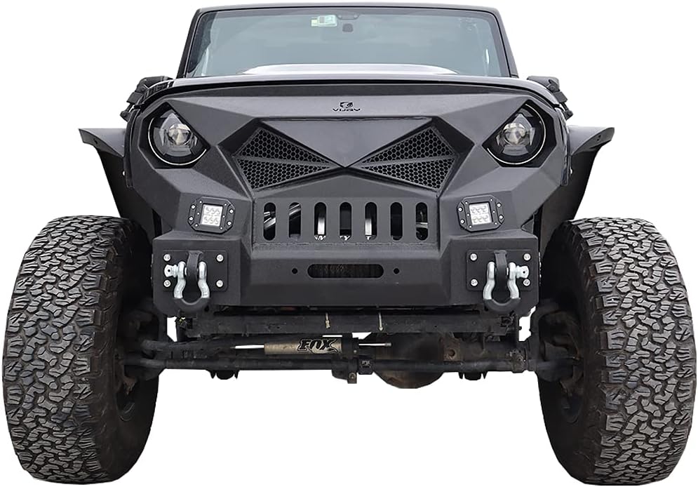 Vijay Front Bumper with Winch Plate and 4 LED Lights and Texture Black and D-rings compatible with 2007-2017 Wrangler JK & JKU