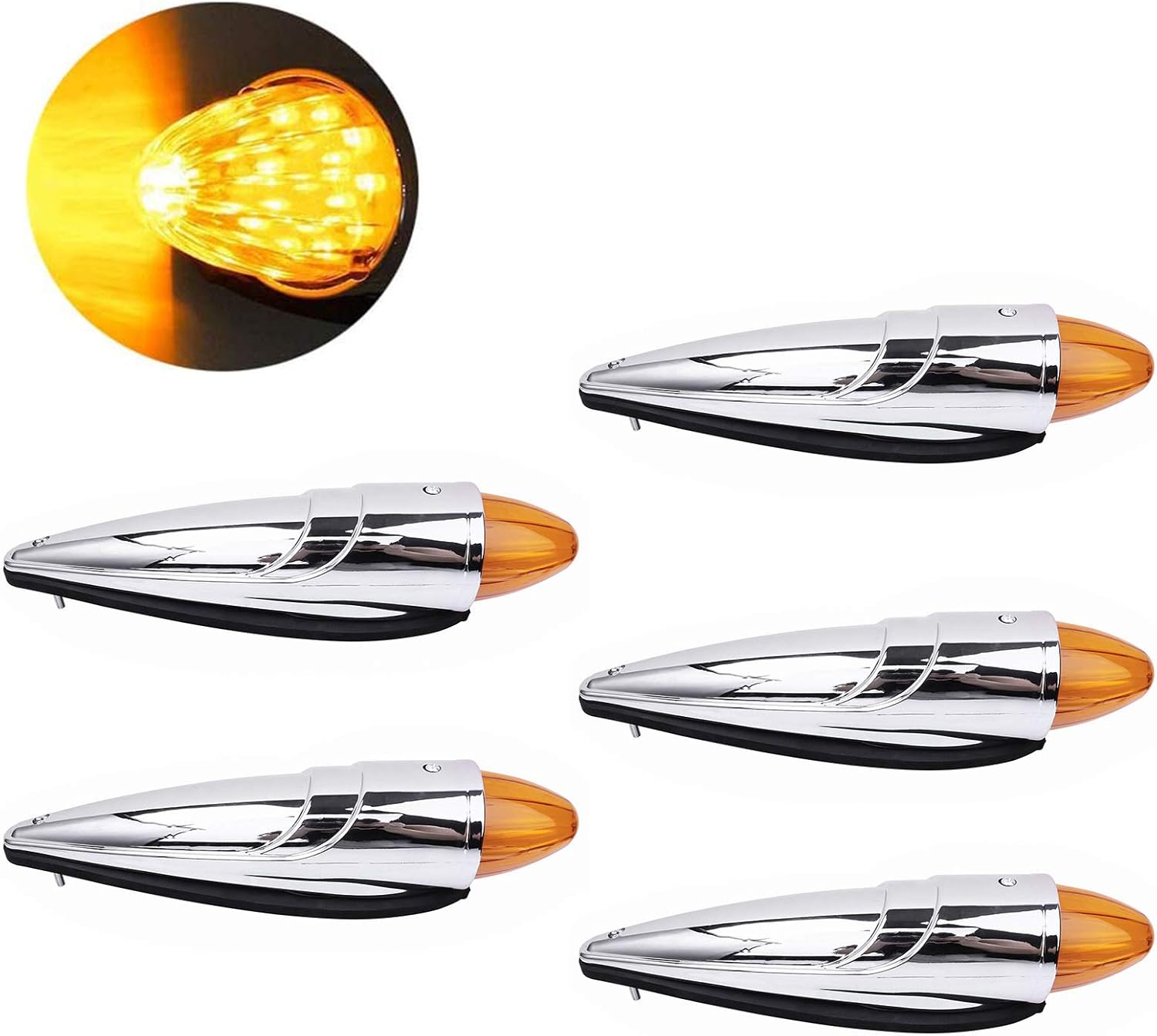 NPAUTO 5pcs Amber Torpedo Cab Marker Lights Chrome 17 LED Truck Roof Lights Top Clearance Running Lights for Peterbilt Kenworth Freightliner Mack Volvo International Heavy Duty Truck