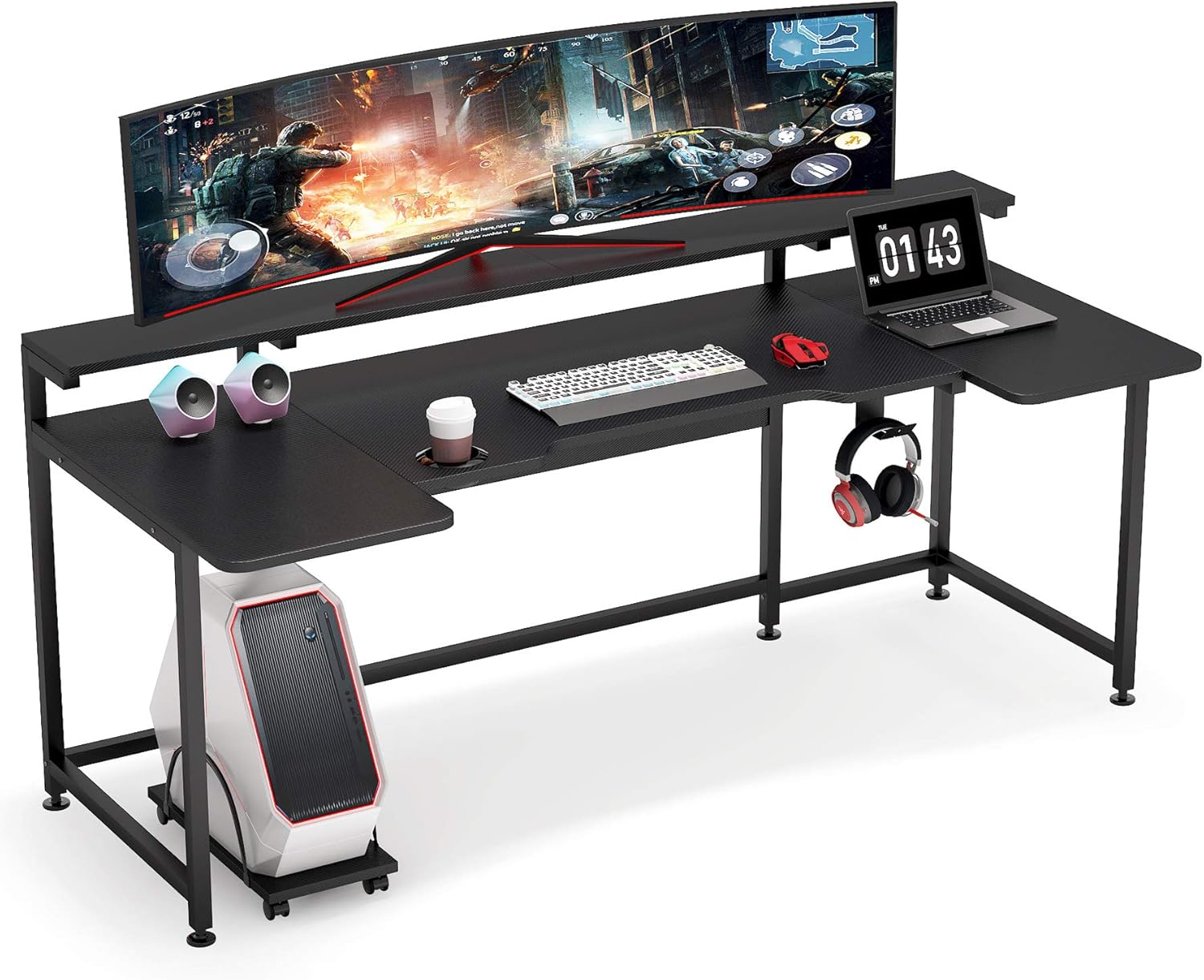 Tribesigns U Shaped Computer Desk with Hutch, 70.8 Inches Gaming Desk with Monitor Stand Shelf, Black Gamer Command Center Workstation Desk for Gaming (Black)