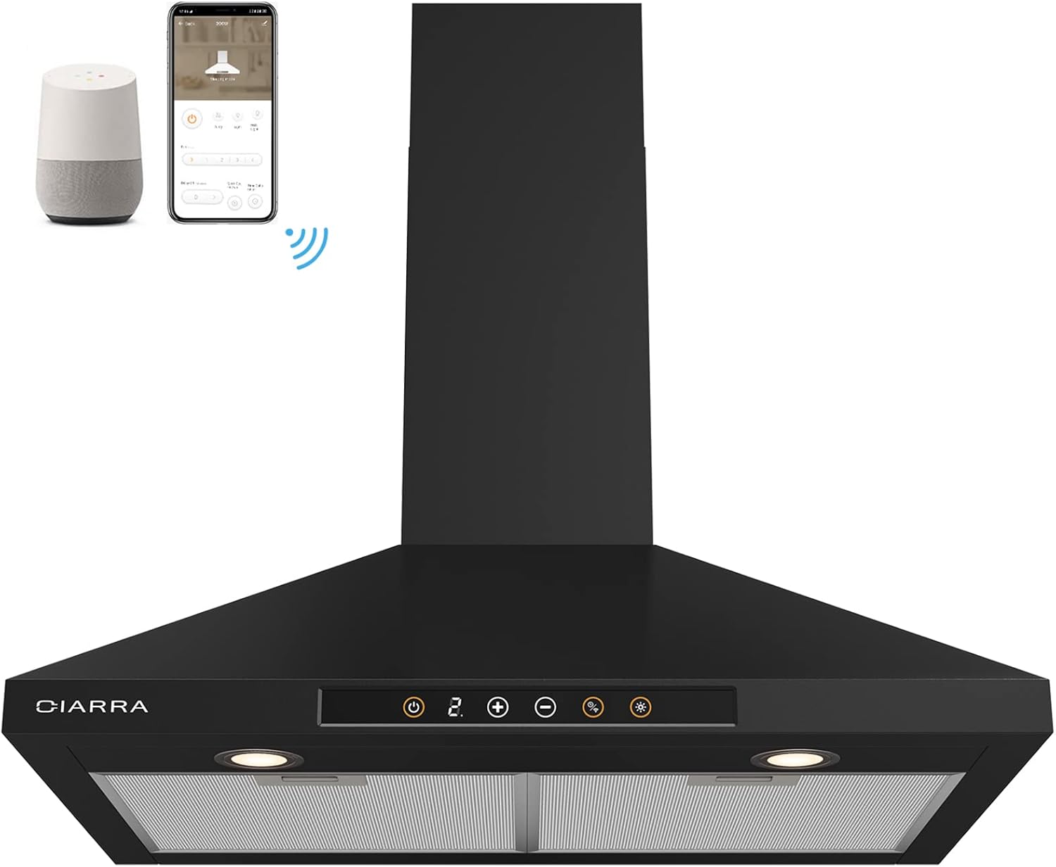 CIARRA Smart Range Hood 30 inch with Voice Control, Compatible with Alexa/Google Home/Smart Life Assistant, 2 Level LED Lighting, 3 Speed Exhaust Fan, Wall Mount Range Hood, Black, CAB75206W