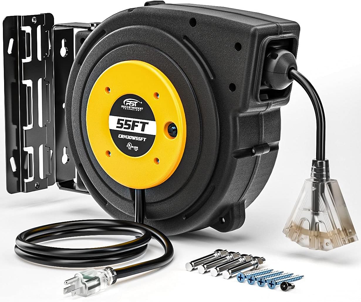 CRST Extension Cord Reel, 55 Feet Retractable Extension Cord for Garage and Workshop, Retractable Lighted Triple Tap Limited of 1625W, 13A/SJTOW, with Reset Button and Adjustable Stopper