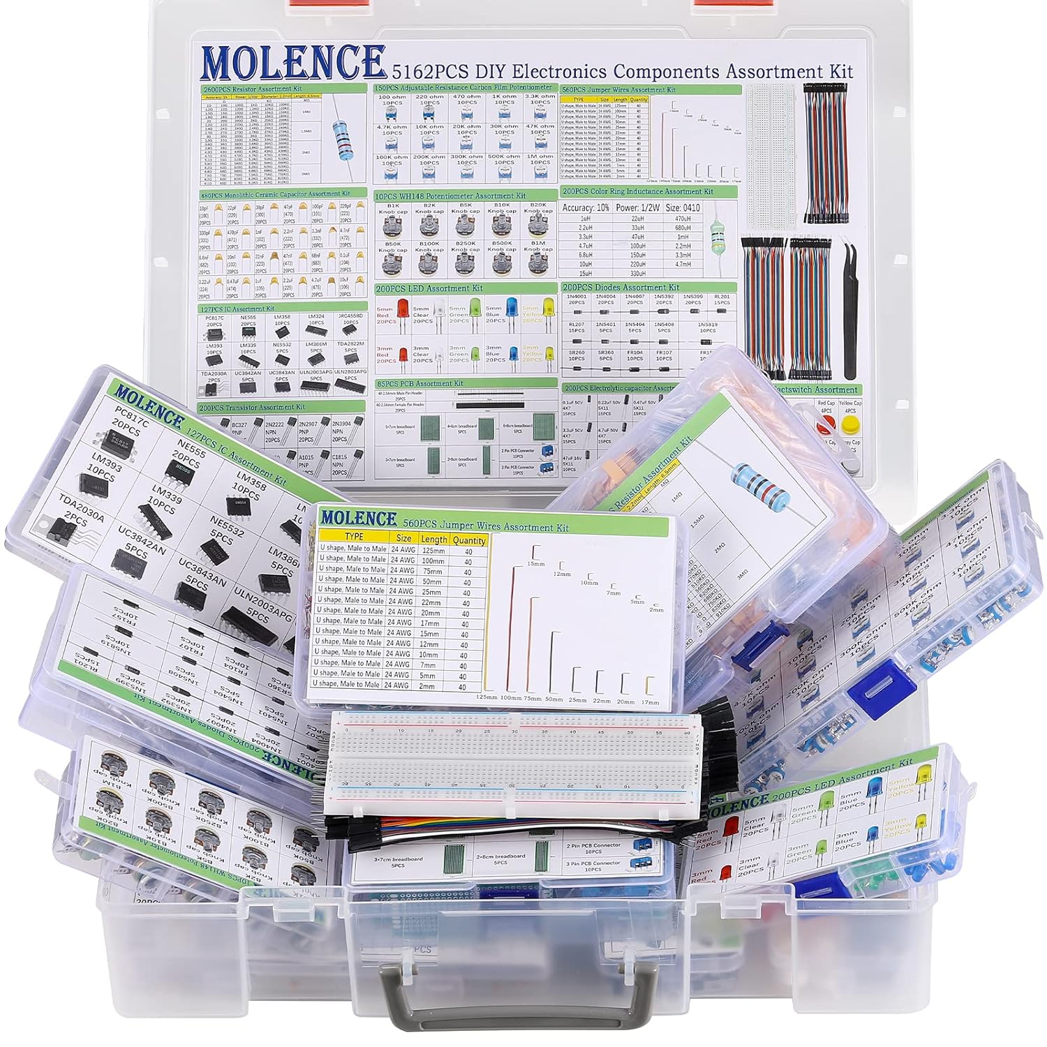 Molence 5162pcs DIY Electronics Components Kit Assortment, Resistors, Inductors, Capacitors, LED, Triode, ICS, Diodes, PCB, Potentiometer, Pin Header, Jumper Wire, Terminals, Tactswitch Pack of 2