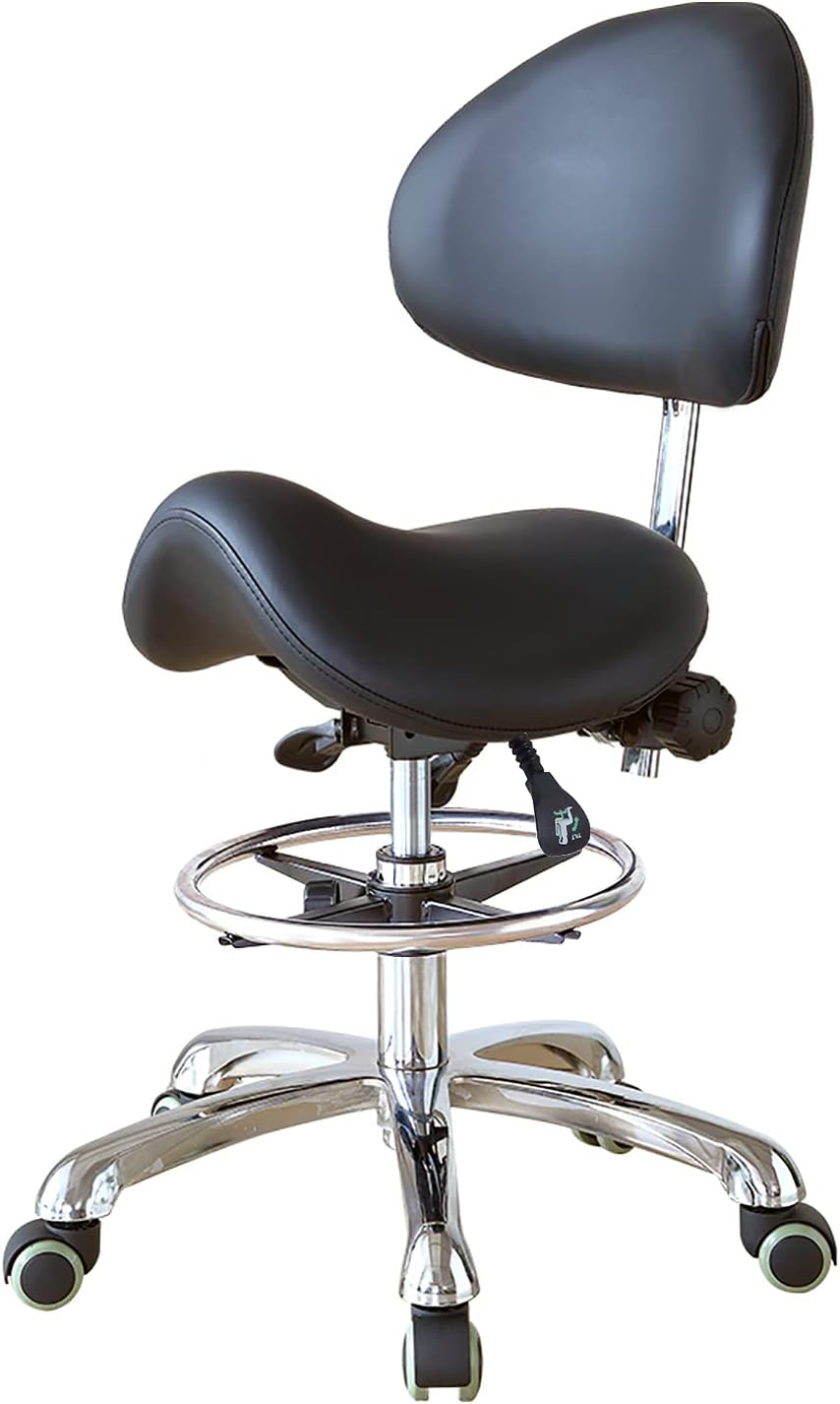 Saddle Stool Chair with Back Support Backrest Hydraulic Adjustable Rolling Ergonomic Seat Style and Footrest for Home Office Dental Clinic Use(FOHGFNT) (Black)