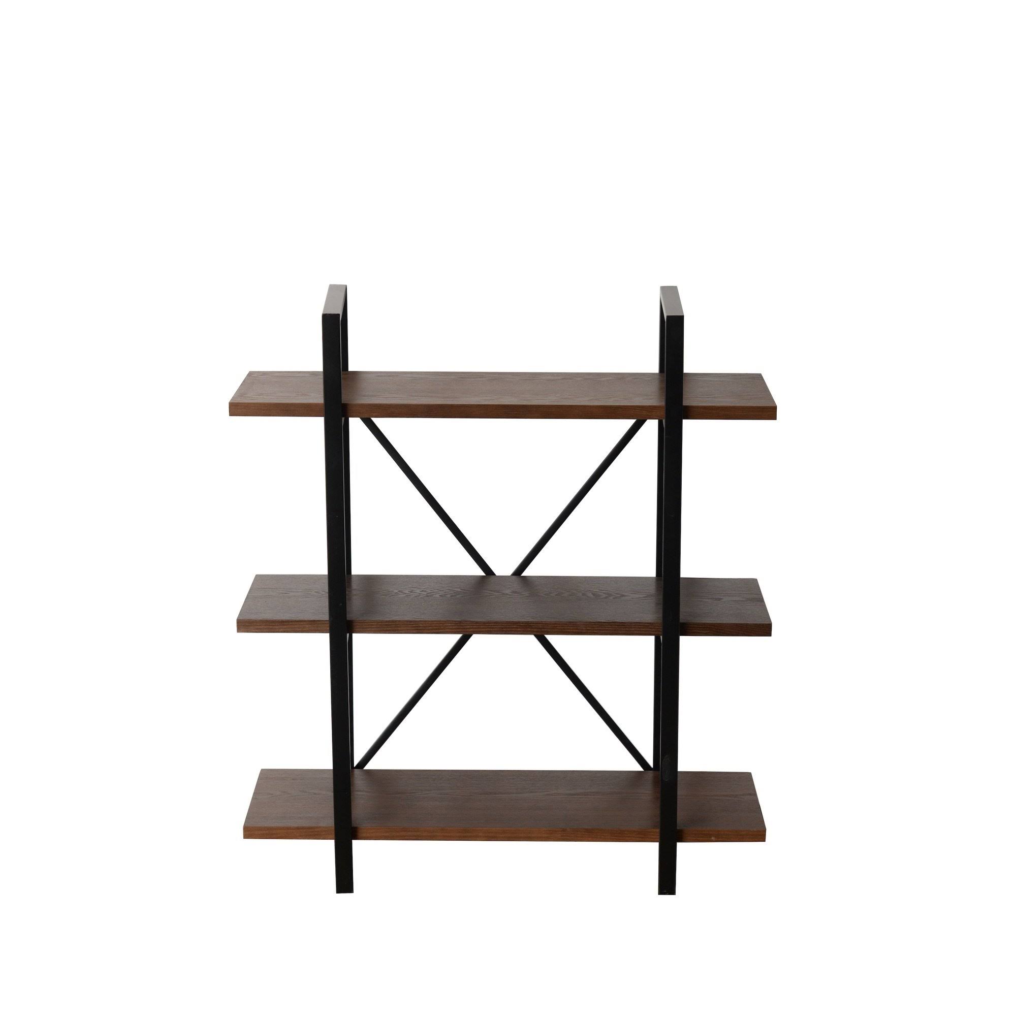 Benjara Bm218709 3 Tier Wood and Metal Frame Bookcase with x Shape Design, Brown and Black