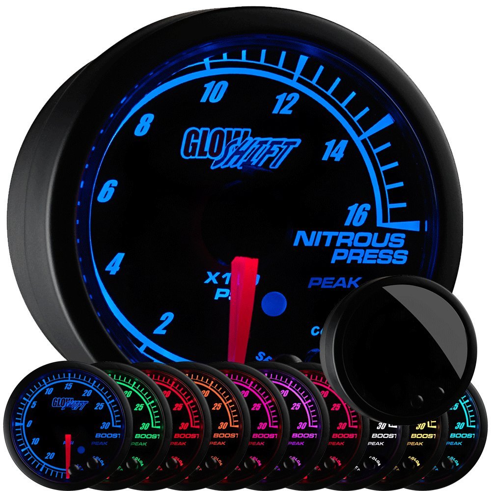 GlowShift Elite 10 Color 1,600 PSI Nitrous Pressure NOS Gauge Kit - Includes Electronic Sensor - Black Dial - Tinted Lens - Peak Recall Function - for Car & Truck - 2-1/16