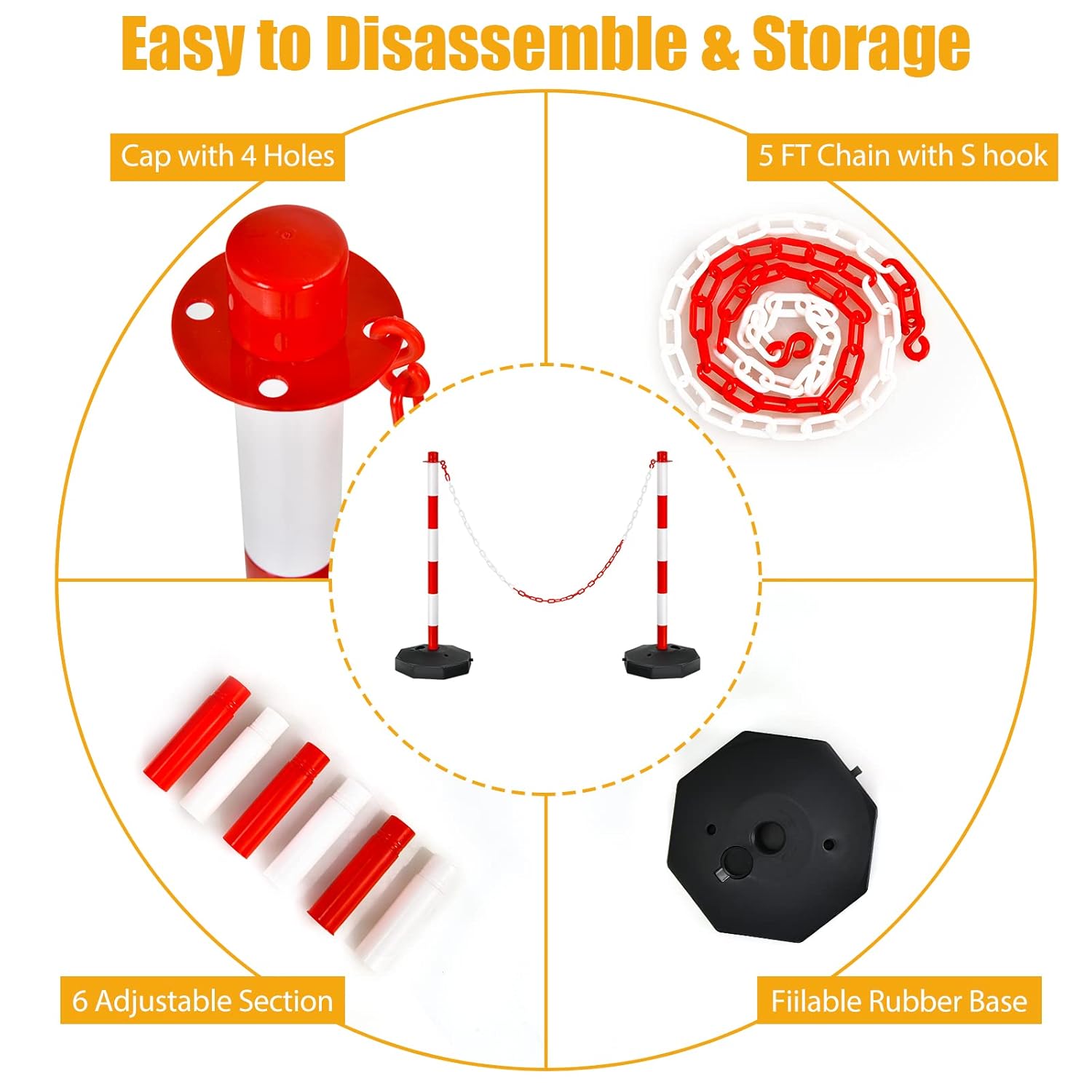 ERGOMASTER 24~34 Inches Adjustable Delineator Post Traffic Cones Safety Cones for Parking Lot Construction Caution Road Stanchions with Fillable Base and 5FT Chains Barriers (4 Pack-Red & White)