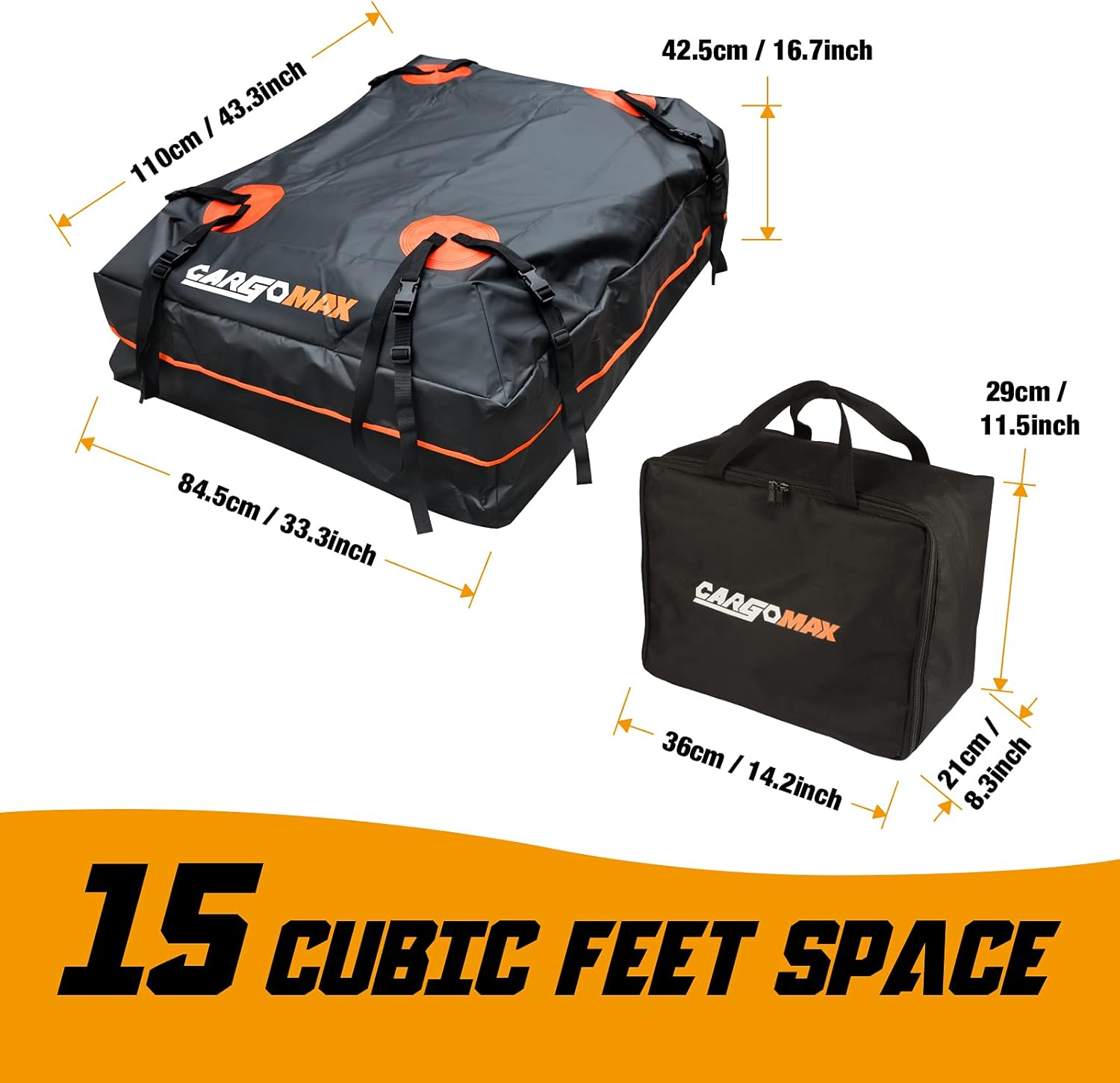 CARGOMAX Rooftop Cargo Carrier - Car Roof Cargo Carrier, 15 Cubit Feet Vehicle Cargo Carrier, Waterproof Car Roof Bag for All Vehicles with/Without Rack, Anti-Slip Mat, 8 Strong Straps, 6 Door Hooks