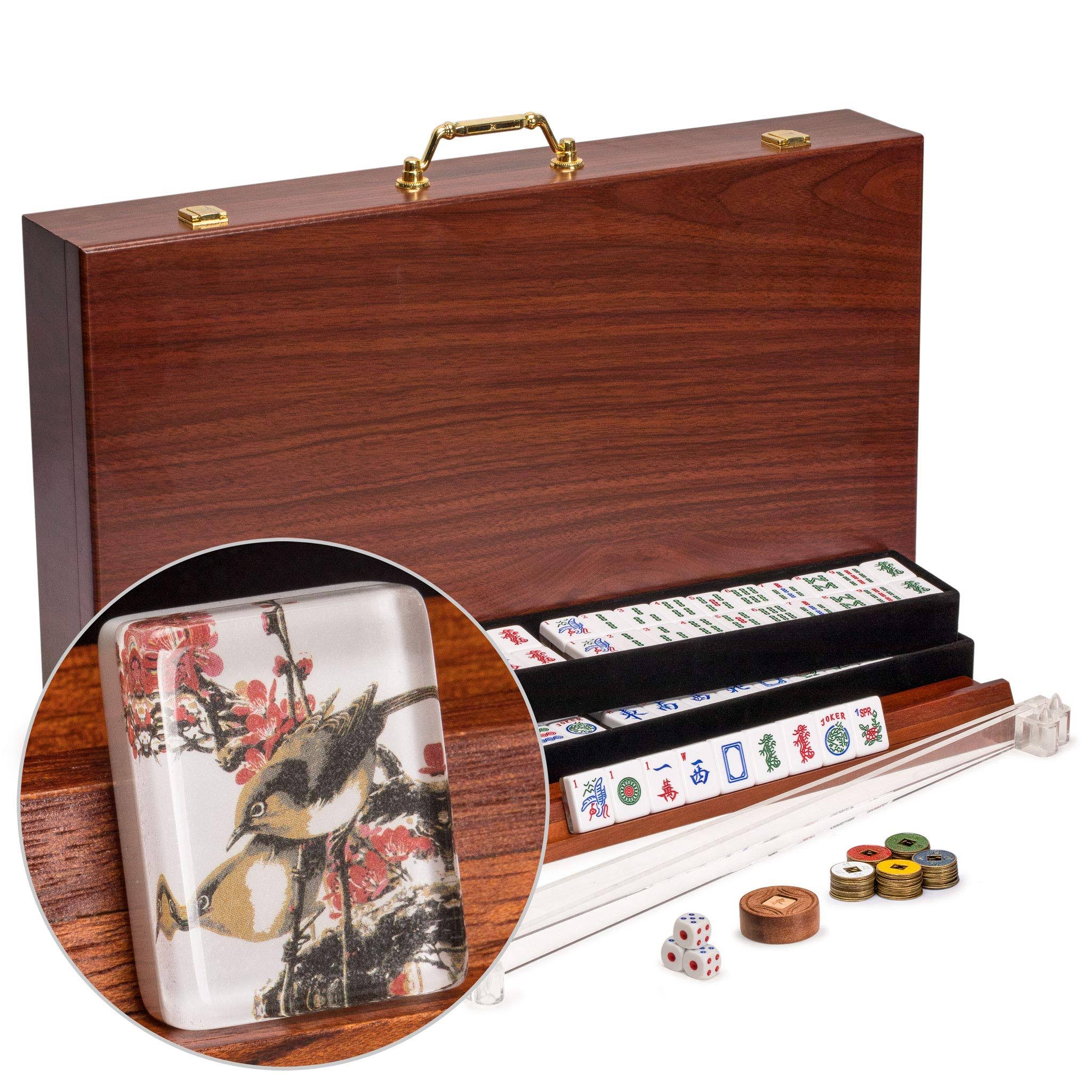 Yellow Mountain Imports American Mahjong (Mah Jong, Mahjongg, Mah-Jongg, mAh Jongg) Set with 166 Tiles, 4 Pushers, 4 Racks, Wood