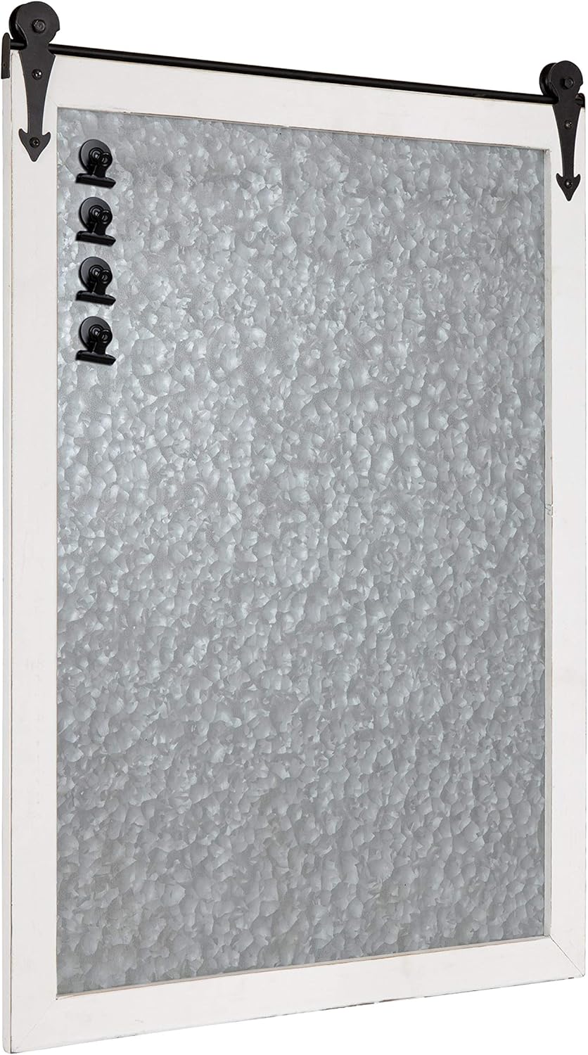 Kate and Laurel Cates Modern Farmhouse Barn Door Distressed Wood Framed Galvanized Metal Magnetic Memo Board, Rustic White Pack of 2