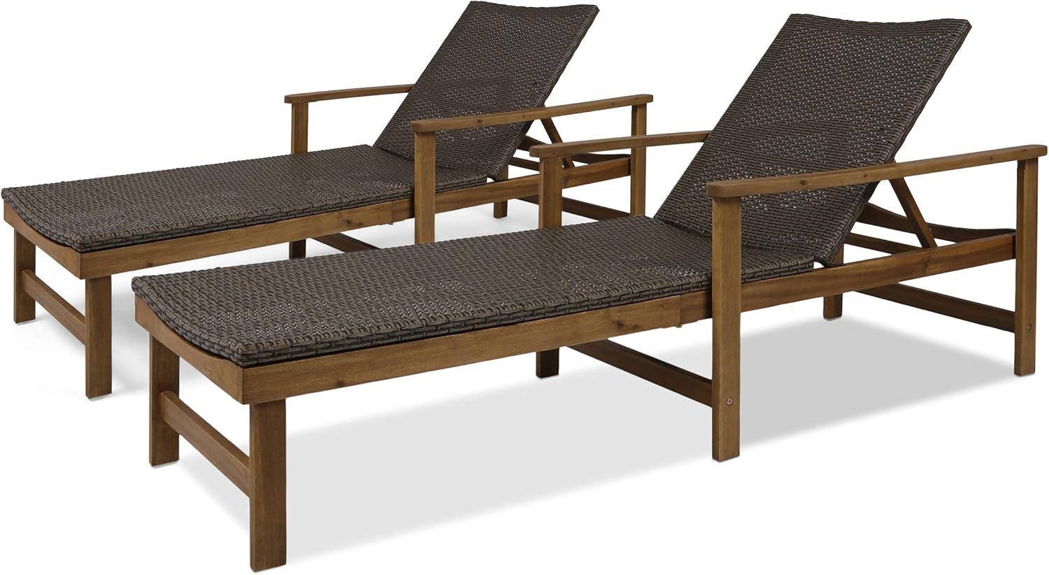 Kyle Outdoor Rustic Acacia Wood Chaise Lounge with Wicker Seating (Set of 2), Natural and Gray