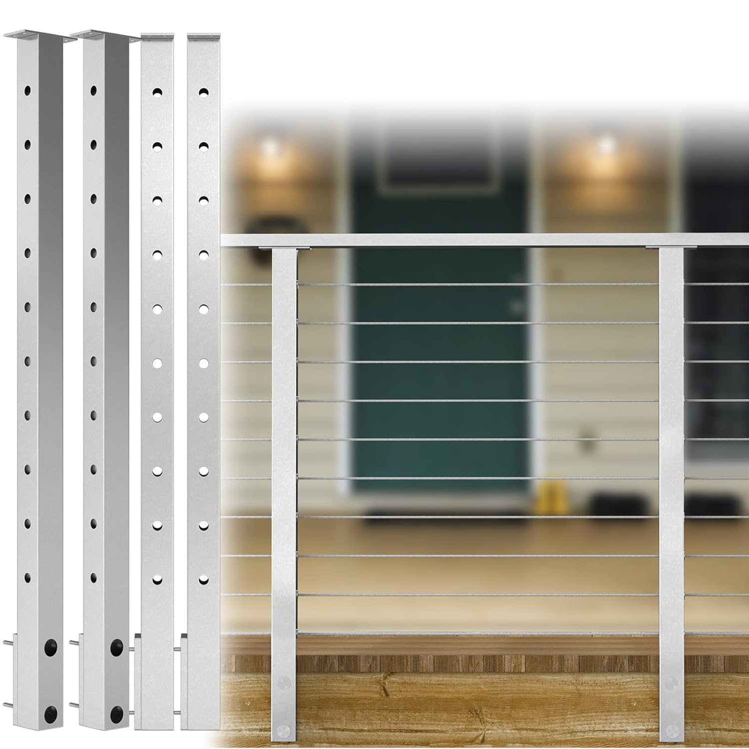 Muzata 4PACK Cable Railing Side Mounted Post Square Brushed 36''x2''x2'' Stainless Steel Pre-Drilled for Wood Concrete Surface Mount Level Deck Balustrade PF02 LH4S, PT1 PT2 PT5