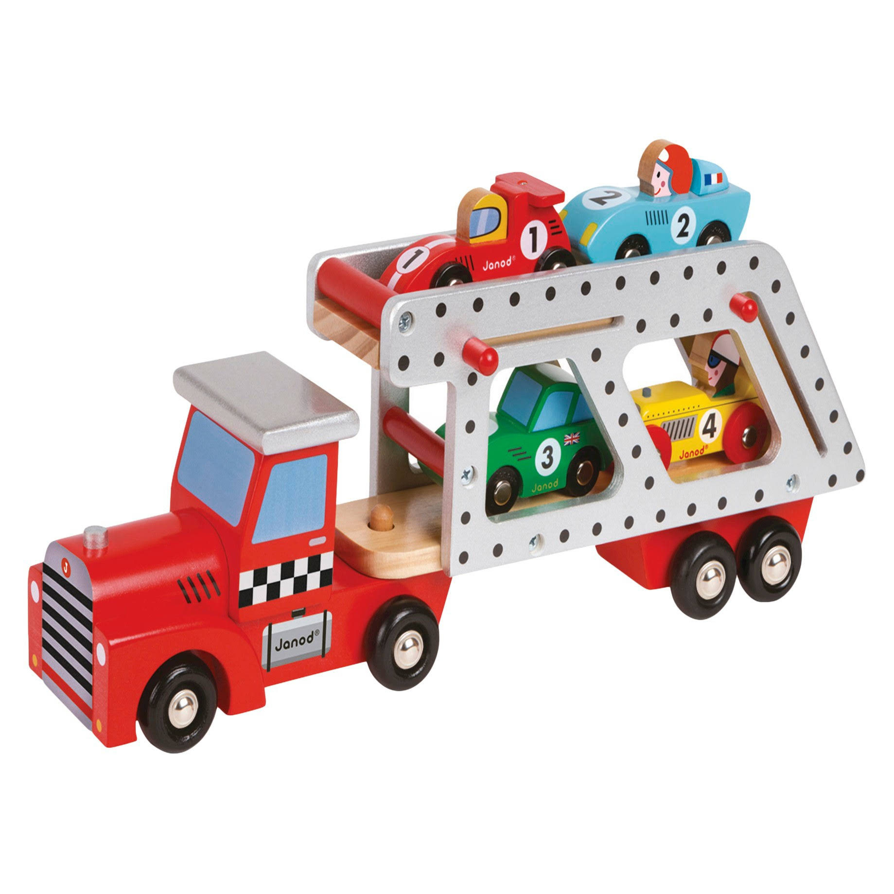 Janod Story Car Transporter Lorry 4 Racing Cars