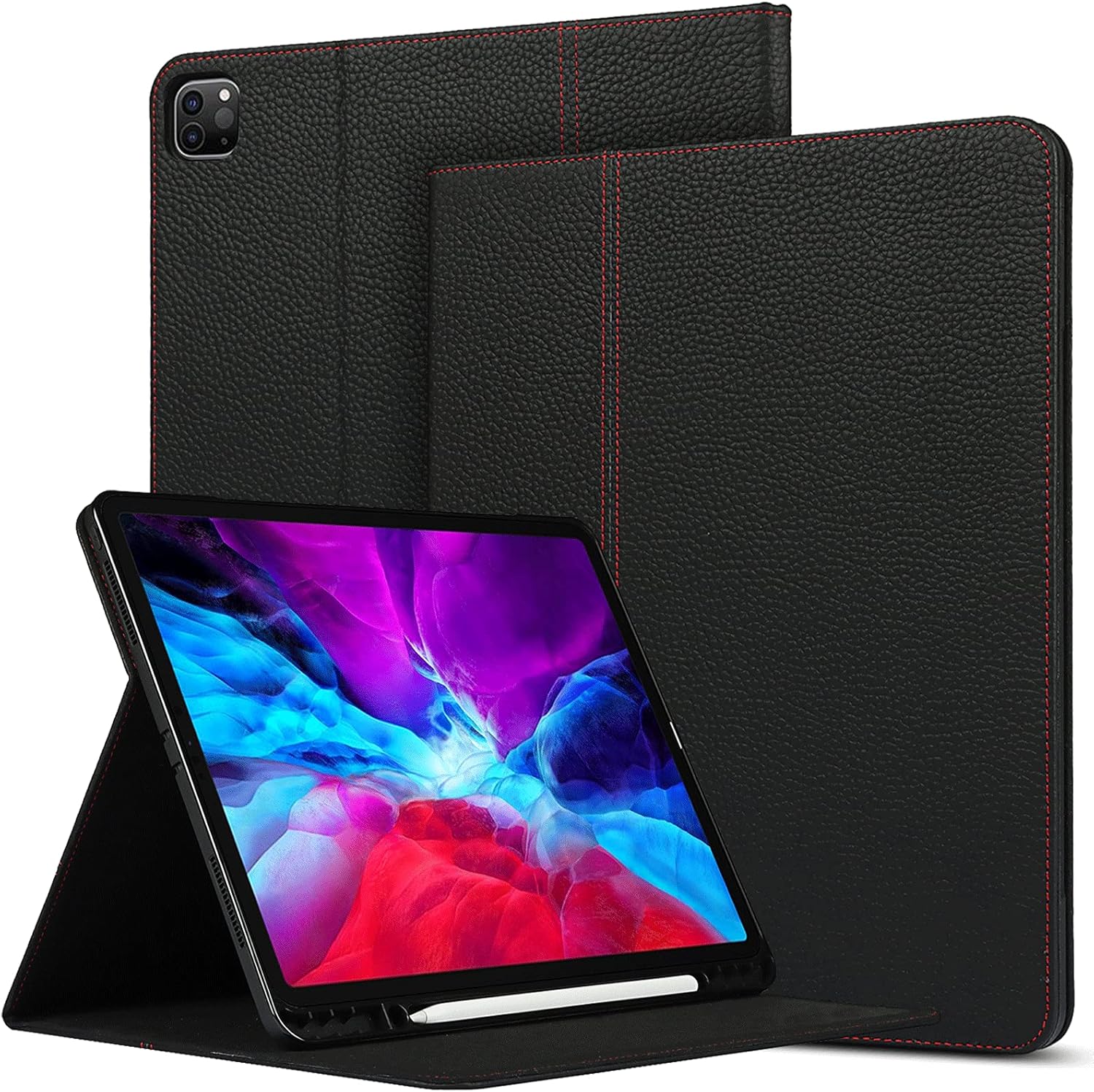 iPad Pro 12.9 Case with Pencil Holder FROLAN Luxurious Premium Cow Leather 2021/2020/2018 Auto Sleep & Wake Flip Kickstand Drop Shockproof Cover for iPad Pro 12.9 5th/4th/3rd Generation (Black)