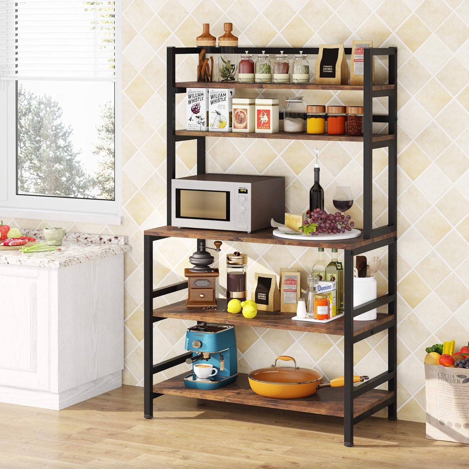 Tribesigns Kitchen Bakers Rack with Storage and Hutch, 5-Tier Kitchen Microwave Cart Stand Rack, Free Standing Industrial Kitchen Utility Storage Shelf (Rustic Brown)