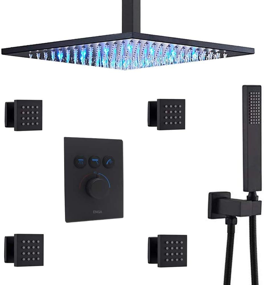 Enga Shower Jets System with Wall Mount 12 Inch Rain Shower Head and Handheld (Can Run All Together), Matte Black Thermostatic Brass Shower Faucet Fixture Combo Set
