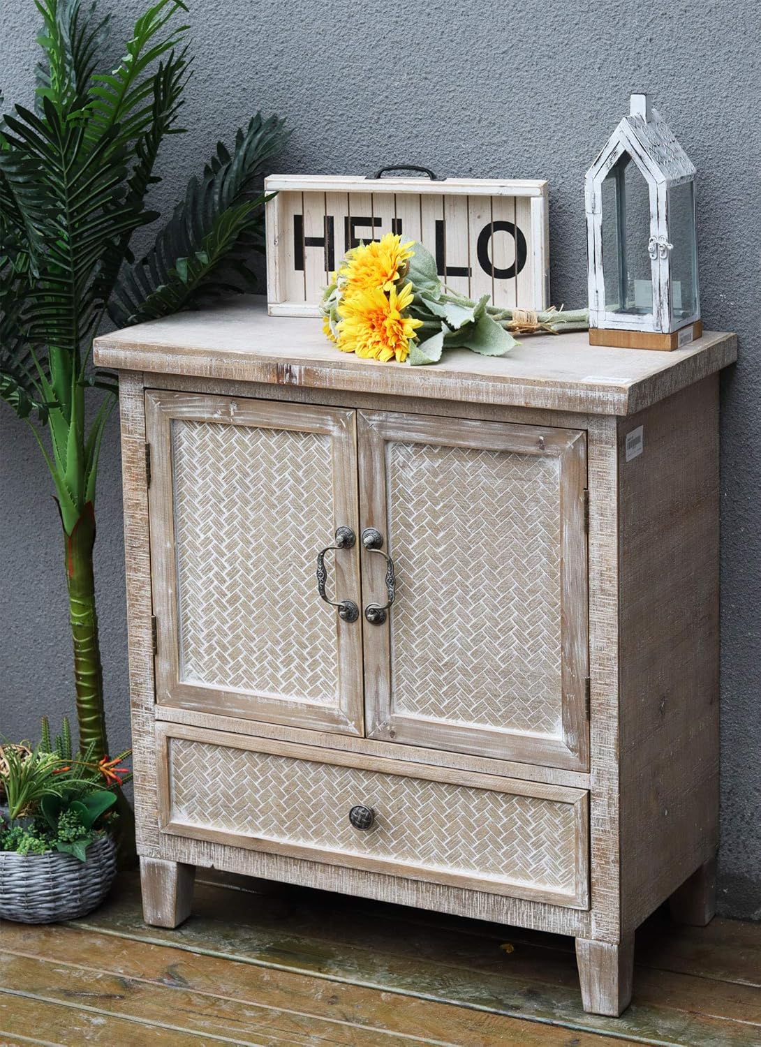 Weathered Wood Cabinet with 1 Drawer and 2 Doors Vintage Accent Storage Chest for Entryway, Living Room