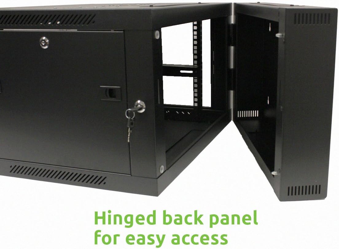 NavePoint 6U Wall-Mount Network Cabinet Enclosure, 600mm Depth, Hinged Back, Swing Gate Server Cabinet, Locks, Pre-Assembled, Reversible Glass Front Door, 1 x L Brackets, 2 Fans, Cable Management