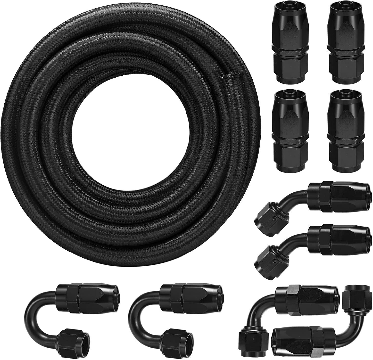 SYKRSS 8AN Fuel Line Hose Kit, Nylon CPE Stainless Steel Braided 10FT 1/2 Fuel Line with 6Pcs AN8 Fuel Hose Fitting Adapter Kit - Black(Not for E85) Pack of 2