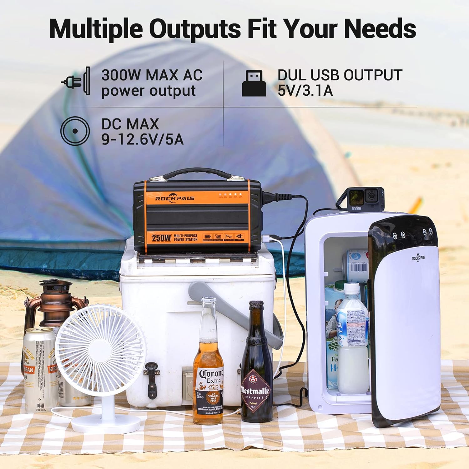 ROCKPALS 250-Watt Portable Generator Rechargeable Lithium Battery Pack Solar Generator with 110V AC Outlet, 12V Car, USB Output Off-grid Power Supply for CPAP Backup Camping Emergency