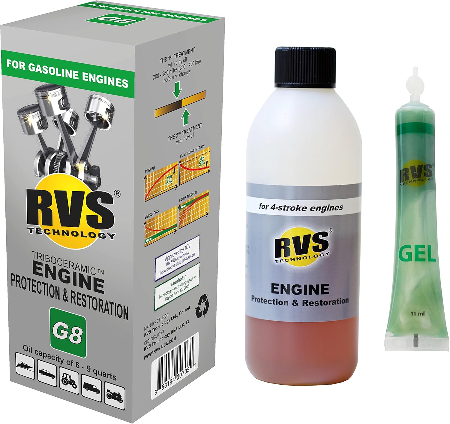 RVS Technology G8 Engine Treatment. for Gasoline Engines with an Oil Capacity up to 9 quarts. Restore and Protect Your Engine, Save Fuel, Increase Power. Safe for All Engines. Pack of 2