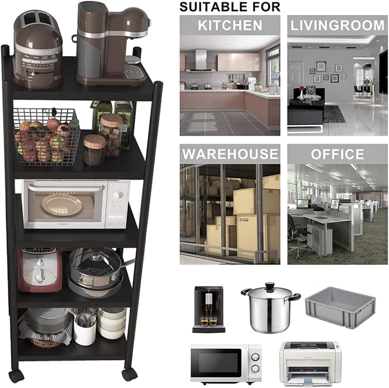 jepreco 5-Tier Utility Shelving Unit Kitchen Baker's Rack with Wheels 19.7