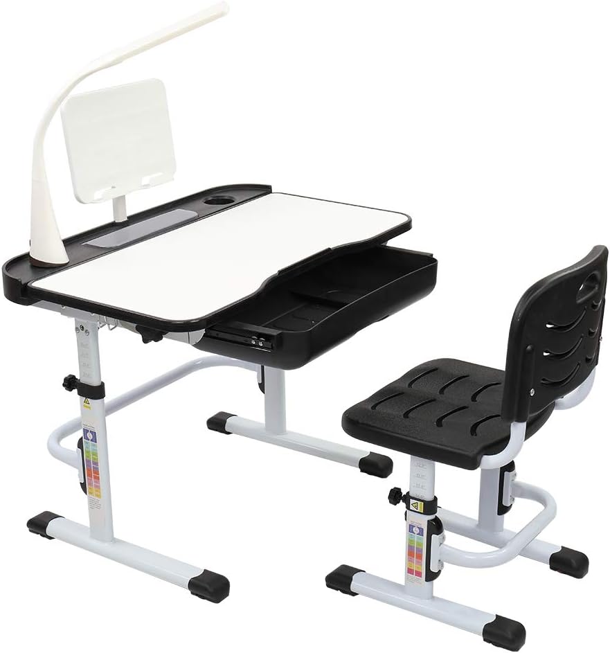 80CM Hand-cranked Lifting Top Can Tilt Children Learning Table and Chair Black (with Reading Stand USB Interface Desk Lamp)