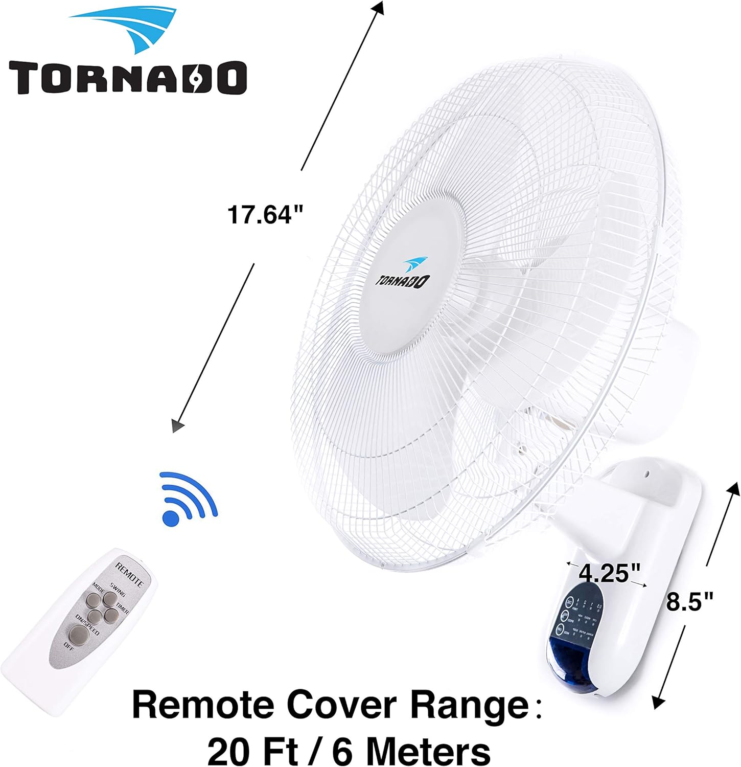 Tornado 16 Inch Digital Wall Mount Fan - Remote Control Included - 3 Speed Settings - 3 Oscillating Settings - 65 Inches Power Cord - UL Safety Listed Pack of 2