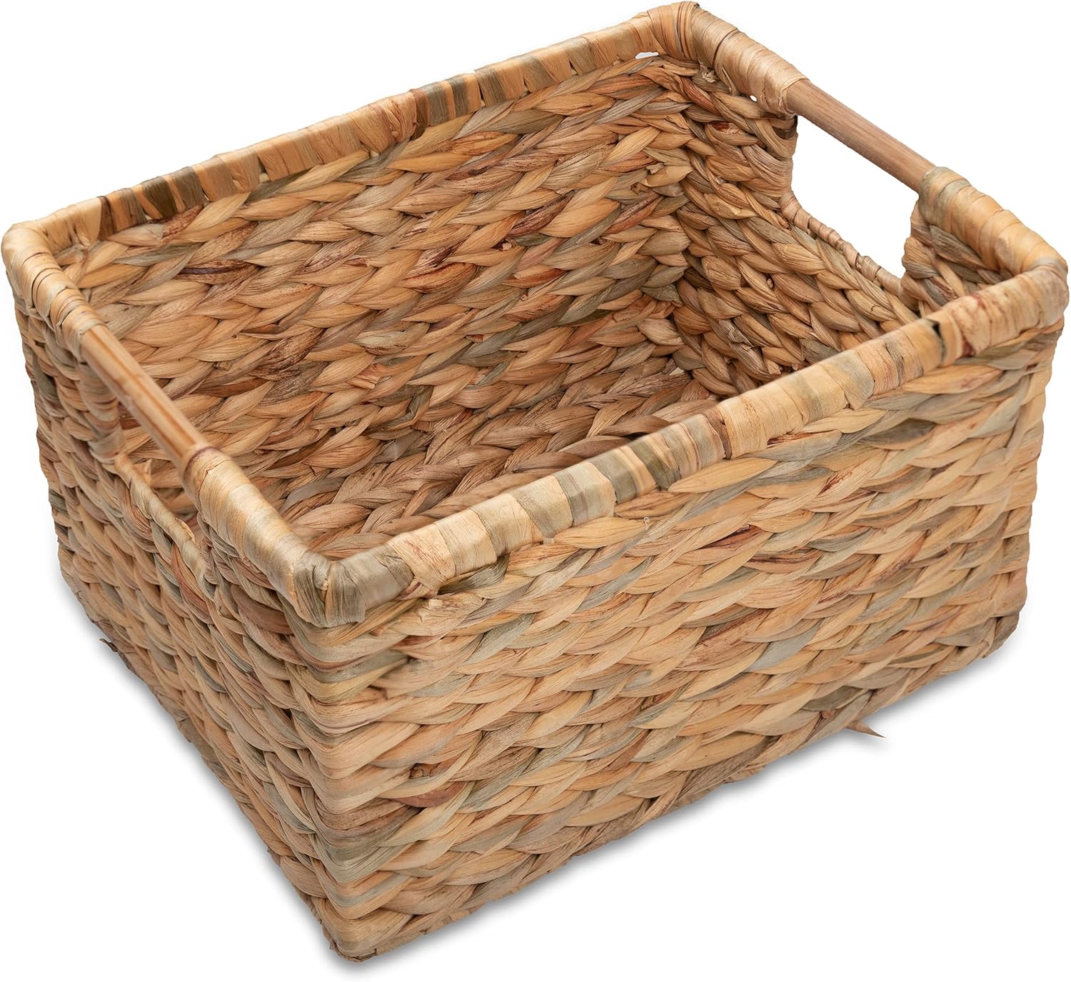 VATIMA Large Wicker Basket Rectangular with Wooden Handles for Shelves, Water Hyacinth Basket Storage, Natural Baskets for Organizing, Wicker Baskets for Storage 14.5 x 10.3 x 7.2 inches