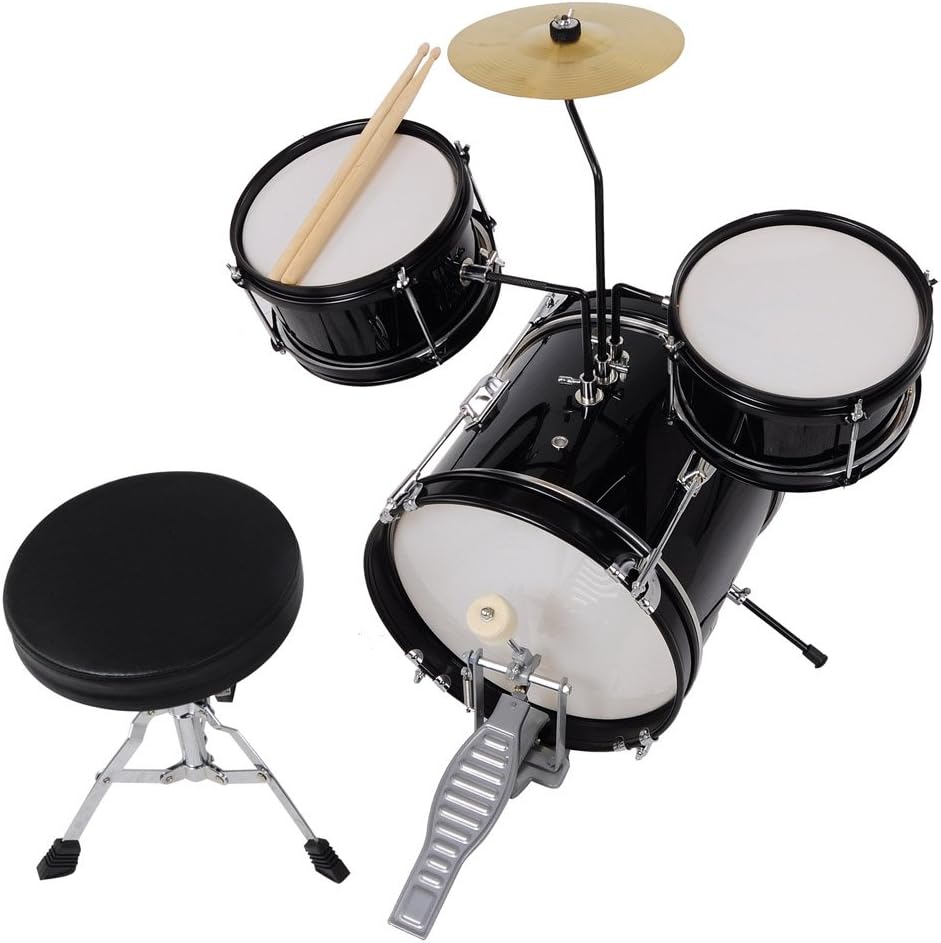 AW 3pcs Drum Set Kit Sticks Throne Cymbal Bass Snare Seat Black