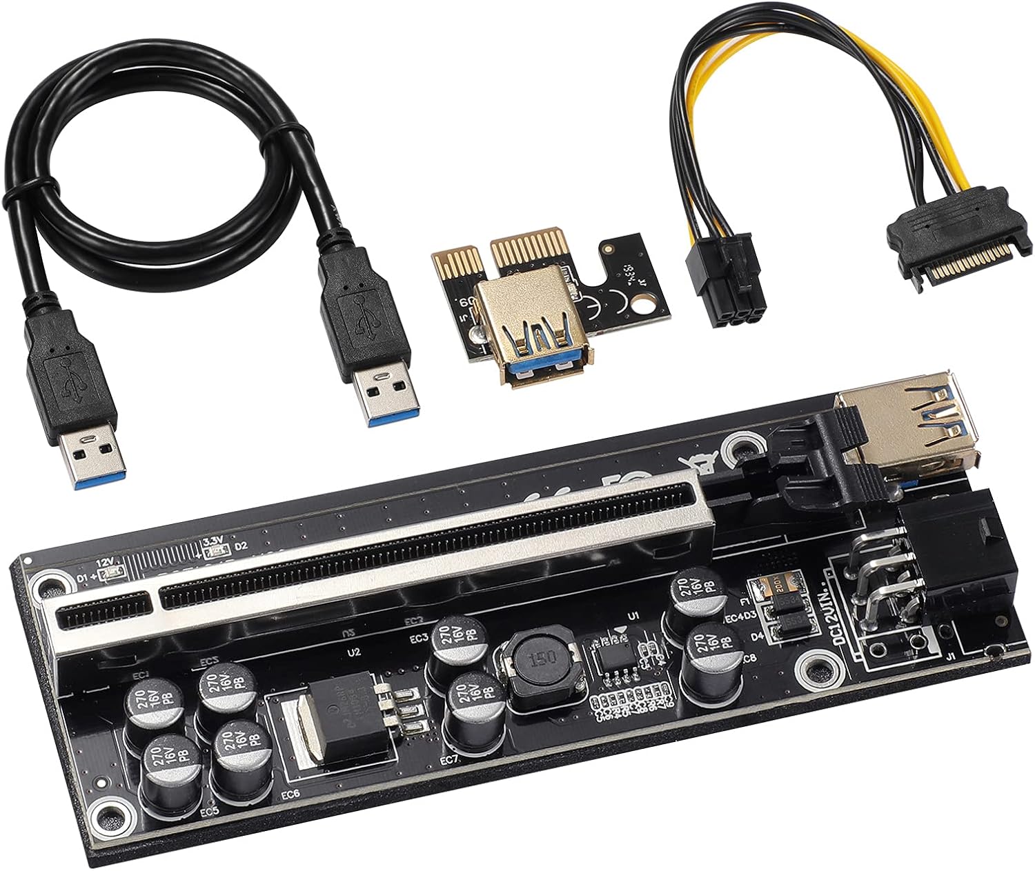 JKTINK PCI-E 1X to 16X V009S-PLUS Riser Card, Graphics Card Extension Cable, 6PIN SATA Power Cable 8 Solid Capacitors, ETH/GPU Mining, Red 6 PCS Pack of 2