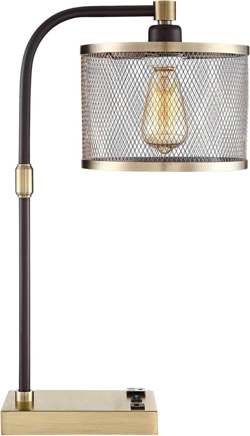 Brody Vintage Farmhouse Industrial Desk Lamp with USB and AC Power Outlet in Base Antique Brass Bronze Perforated Metal Shade for Living Room Bedroom House Bedside Nightstand - 360 Lighting