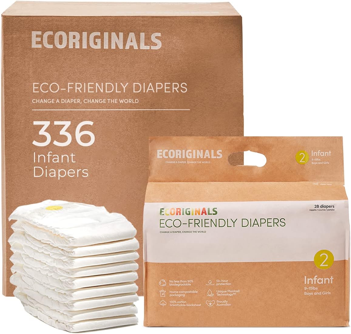 Ecoriginals Eco Disposable Diapers | Infant Baby Size 2, 8-15lbs | 12 Pack, 336 Count | Plant-Based, Non-Toxic